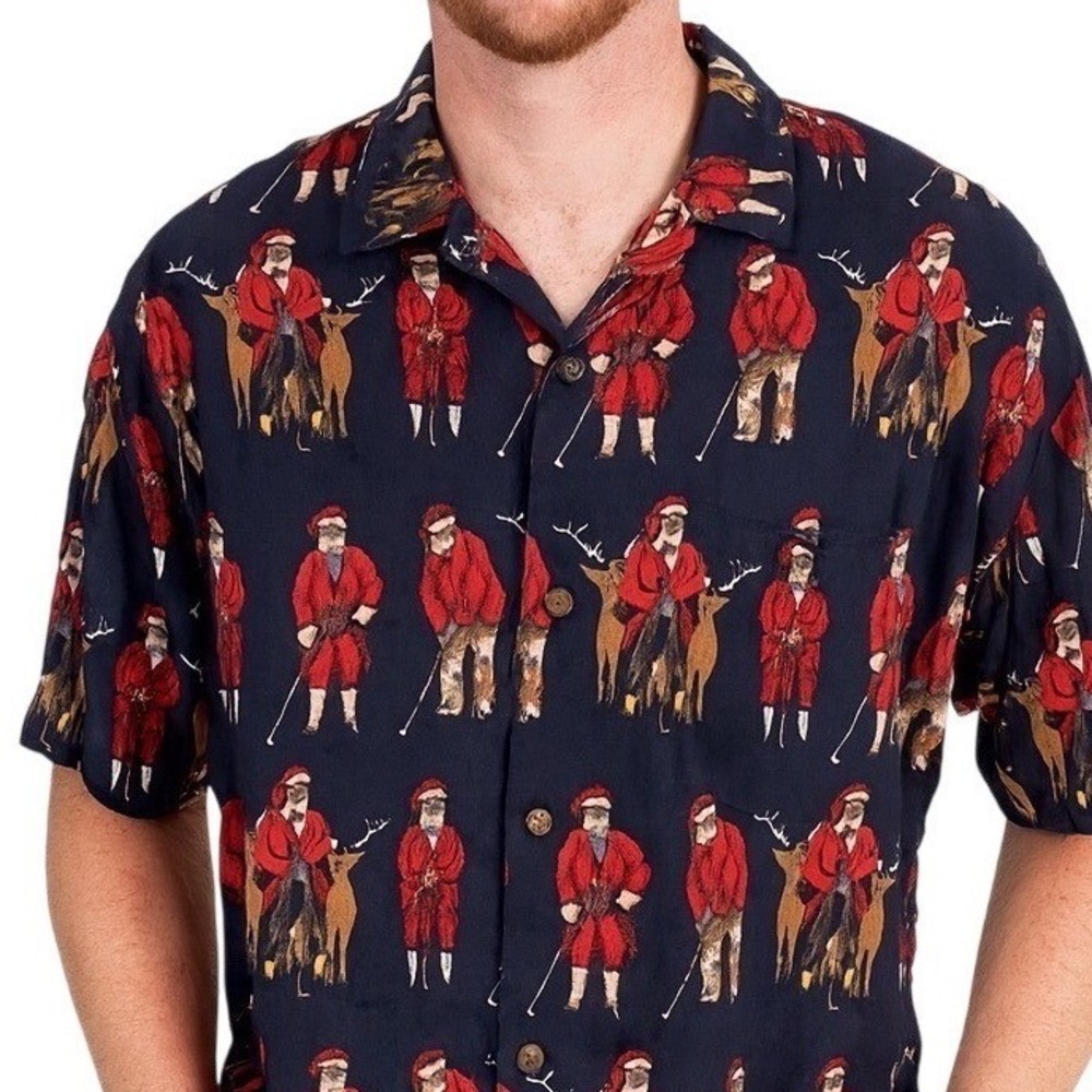 Vintage Guy Buffet Silk‎ Christmas Shirt Mens Small S Golfing Santa Hawaiian Art